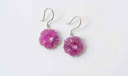 Carved Ruby Starburst Drop Earrings in 925 Silver – Handmade Statement Gemstone Jewelry