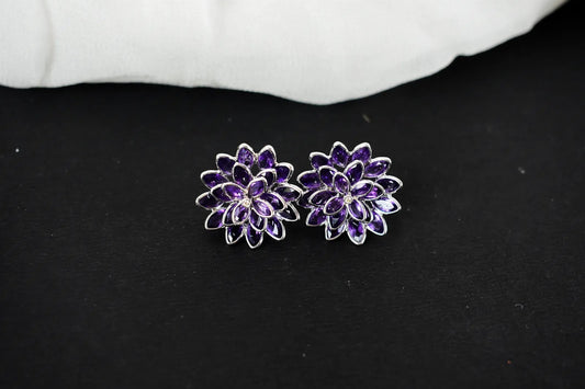 Amethyst Dahlia Statement Stud Earrings in 925 Silver – Layered Designer Jewelry