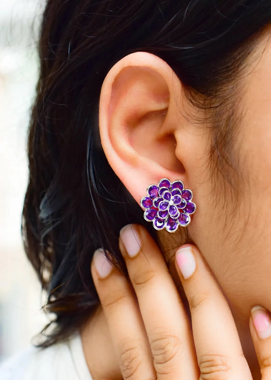 Amethyst Flower Cluster Stud Earrings in 925 Silver – Handmade Statement Jewelry