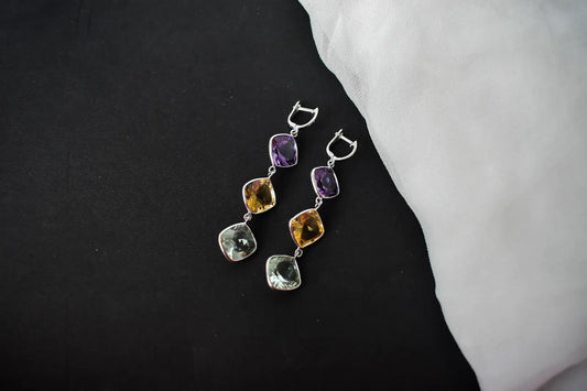 Amethyst Citrine Green Amethyst Cascade Earrings in 925 Silver – Multi Gemstone Jewelry