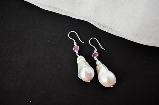 Baroque Pearl Ruby Drop Earrings in 925 Silver – Handmade Everyday Fine Jewelry