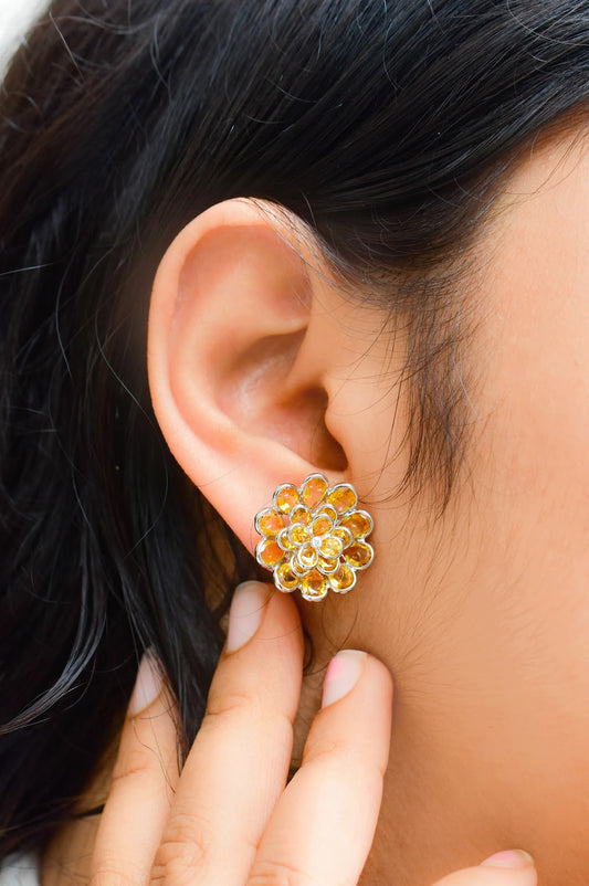 Layered Citrine Flower Stud Earrings in 925 Silver – Designer Statement Gemstone Jewelry