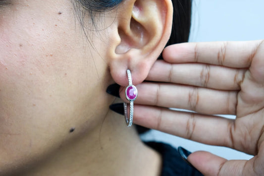 Ruby Pavé Open Hoop Earrings in 925 Silver – Designer Everyday Gemstone Jewelry