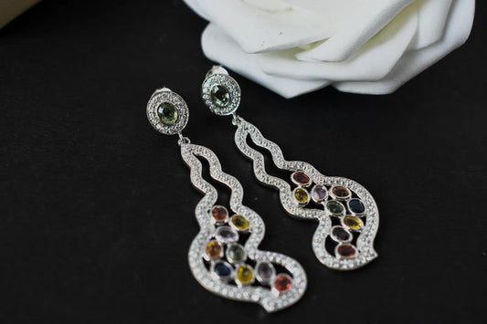 Multi Sapphire Scroll Drop Earrings in 925 Silver – Handmade Statement Jewelry