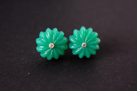 Carved Green Crystal Flower Stud Earrings in 925 Silver – Handmade Diamond Accent Jewelry