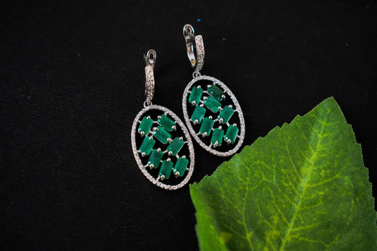 Emerald Halo Drop Earrings in 925 Silver – Designer Statement Gemstone Jewelry
