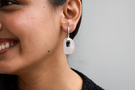 Rose Quartz Link Drop Earrings in 925 Silver – Handmade Pavé Statement Jewelry