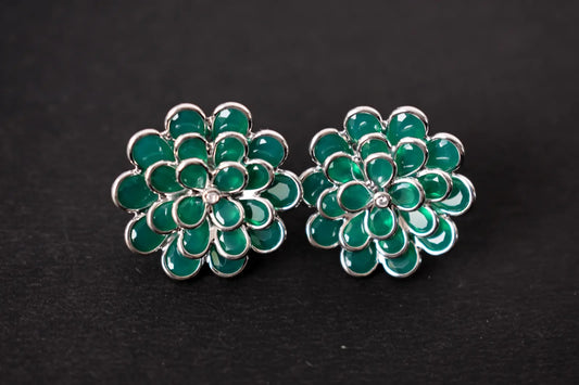 Green Onyx Dahlia Statement Stud Earrings in 925 Silver – Layered Gemstone Jewelry