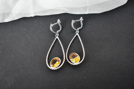 925 Silver Citrine Teardrop Earrings – Handmade Twisted-Rope Gemstone Jewelry