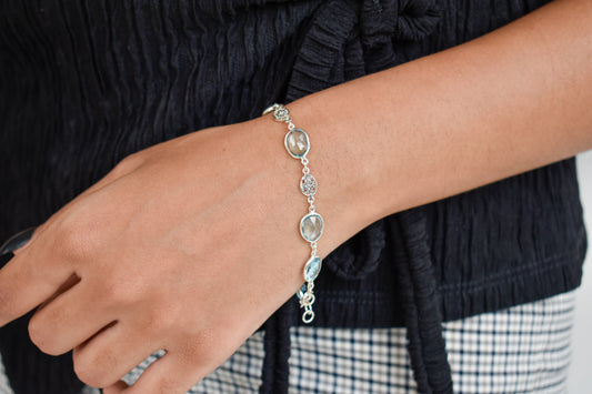 Blue gemstone bezel bracelet in silver with lobster clasp