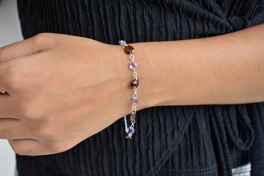 Garnet and Amethyst Bead Bracelet in Silver – Handmade Multi Gemstone Chain Jewelry