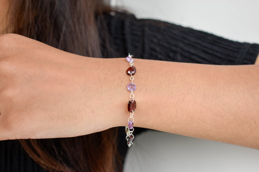 Garnet and Amethyst Bead Bracelet in Silver – Handmade Multi Gemstone Chain Jewelry
