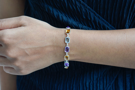 Citrine, amethyst, and blue topaz emerald-cut bracelet in 925 silver