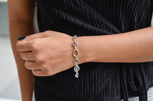 Amethyst and green amethyst bezel bracelet in silver