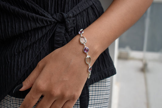 Amethyst and green amethyst bezel bracelet in silver