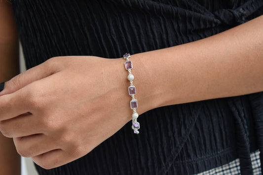 Amethyst emerald-cut bezel bracelet in 925 silver with cubic zirconia accents