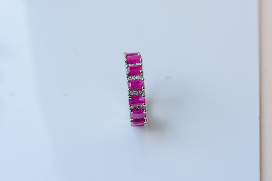 Vivid pink gemstone emerald-cut eternity ring in 925 silver