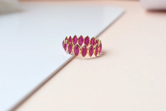 Marquise-cut ruby zigzag double-row eternity ring in 18K gold