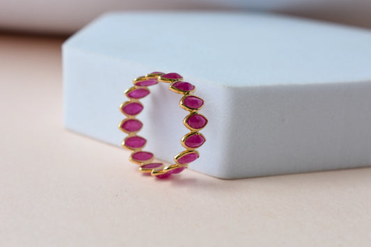 Marquise-cut ruby zigzag double-row eternity ring in 18K gold