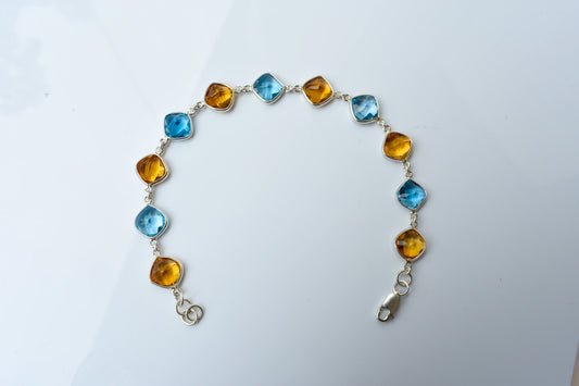 Swiss Blue Topaz and citrine bezel bracelet in 925 silver