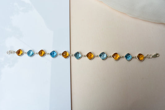 Swiss Blue Topaz and citrine bezel bracelet in 925 silver