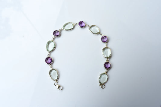 Amethyst and green amethyst bezel bracelet in silver