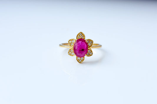 Ruby and diamond flower cluster ring in 18K gold