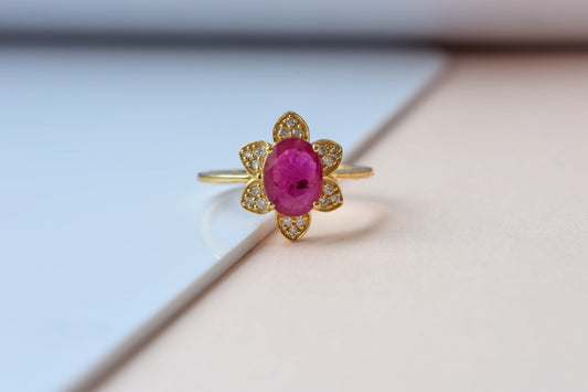 Ruby and diamond flower cluster ring in 18K gold