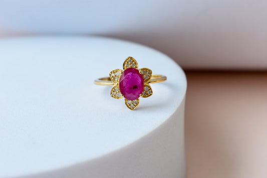 Ruby and diamond flower cluster ring in 18K gold