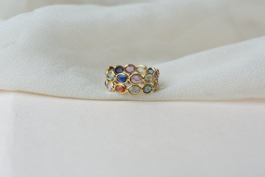Multi Sapphire Double Row Eternity Band in 18K Gold – Oval Bezel-Set Ring