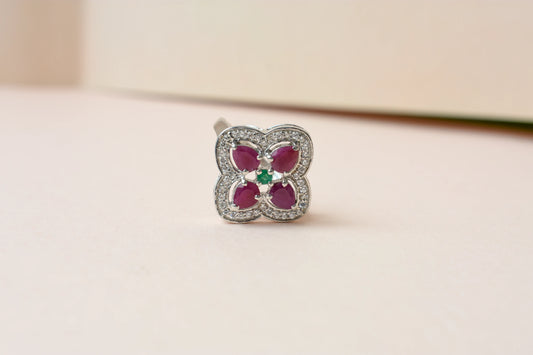 Ruby and emerald clover motif ring in 925 silver