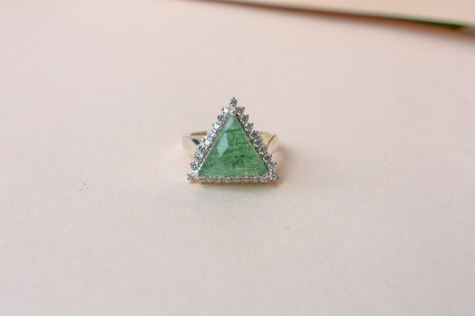 Triangular green agate ring with cubic zirconia halo in 925 silver