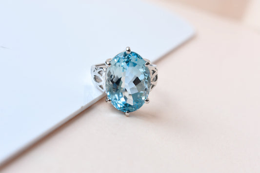 Oval sky blue topaz solitaire ring in 925 silver