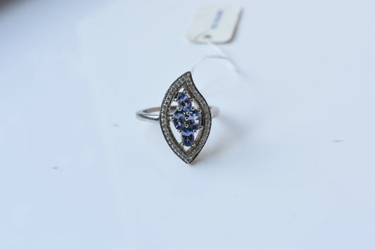 Blue-violet gemstone cluster ring in marquise frame, 925 silver