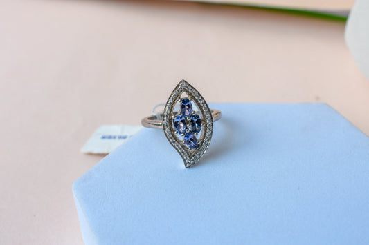 Blue-violet gemstone cluster ring in marquise frame, 925 silver