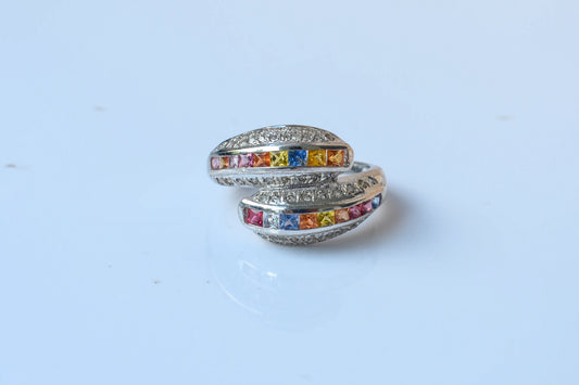 Multicolor sapphire bypass ring in 925 silver