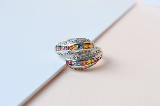 Multicolor sapphire bypass ring in 925 silver