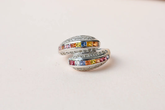 Multicolor sapphire bypass ring in 925 silver