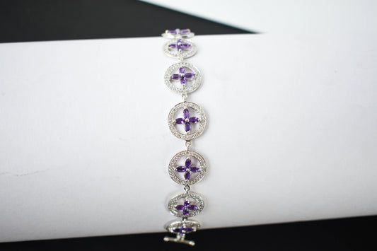 Amethyst flower halo bracelet with cubic zirconia pave links in 925 silver