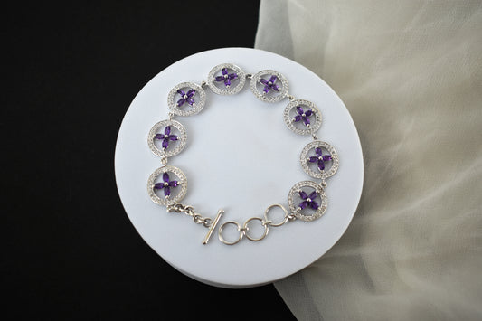 Amethyst flower halo bracelet with cubic zirconia pave links in 925 silver
