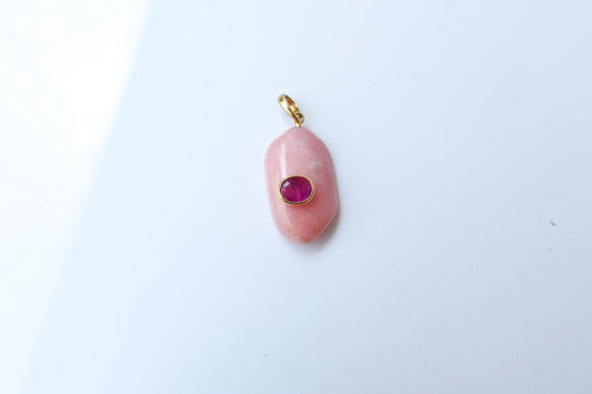 18K gold pendant with pink opal and ruby accent