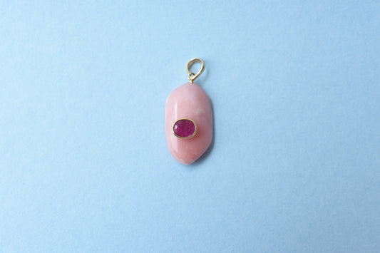 18K gold pendant with pink opal and ruby accent