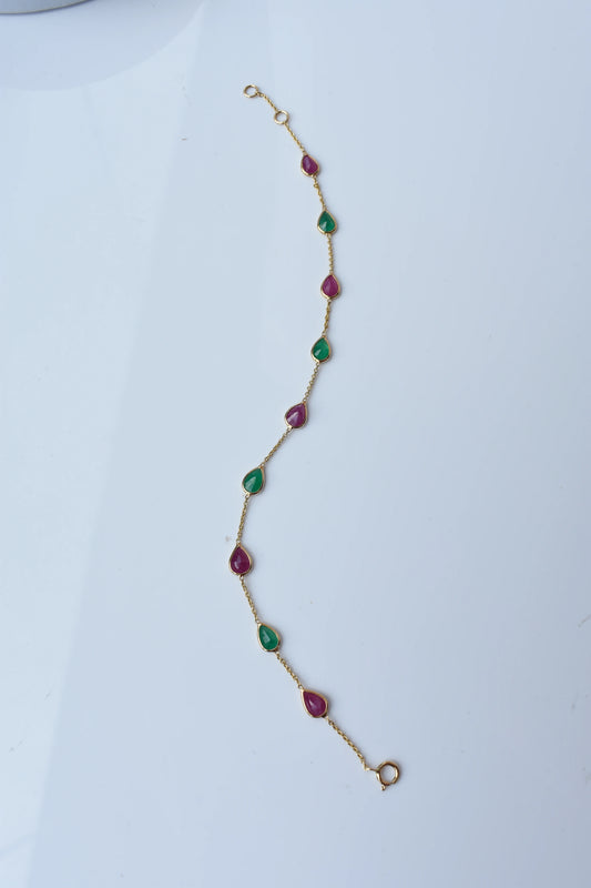 18K gold bracelet with alternating ruby and emerald drops