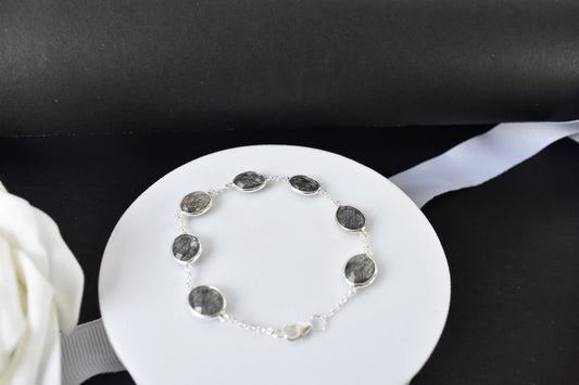 Black rutilated quartz bracelet with oval bezel-set stones in 925 silver