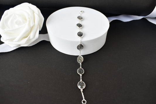 Black rutilated quartz bracelet with oval bezel-set stones in 925 silver