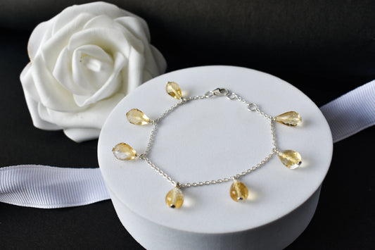 Citrine briolette dangle bracelet with faceted teardrops on a 925 silver chain