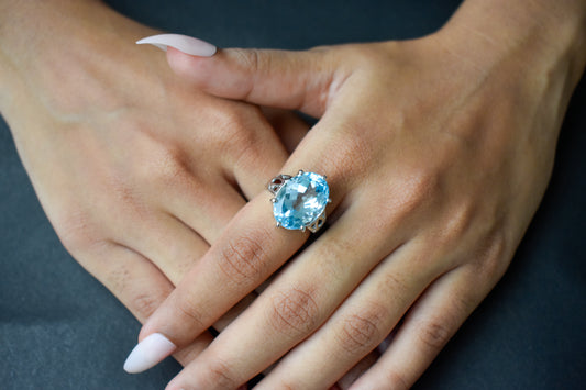 Oval sky blue topaz solitaire ring in 925 silver