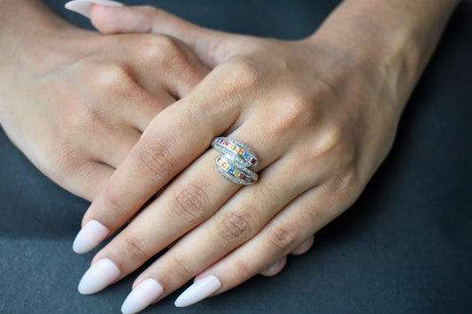 Multicolor sapphire bypass ring in 925 silver