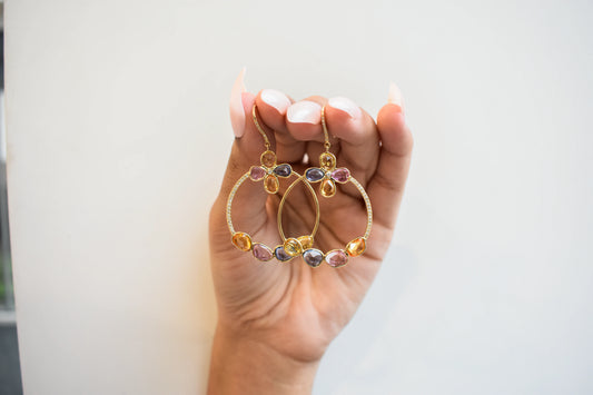 18K gold hoop earrings with sapphire, citrine and diamond flower