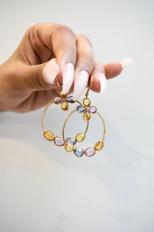 18K gold hoop earrings with sapphire, citrine and diamond flower